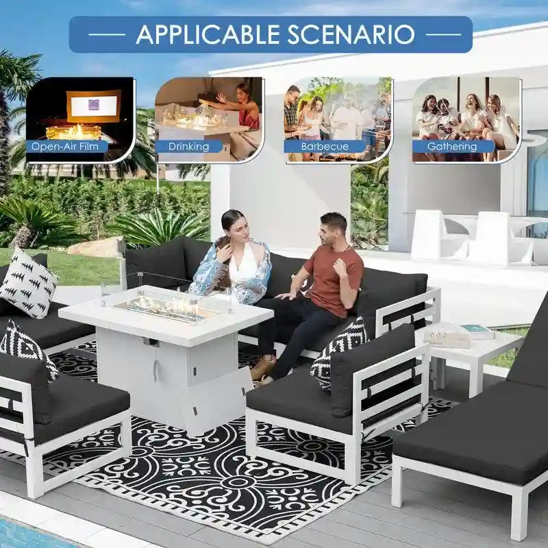 Set da salotto componibile da esterno a 11 pezzi di grandi dimensioni in alluminio con sedute profonde e chaise longue FINCATI