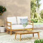 Outdoor Acacia Wood Loveseat and Coffee Table Set with Cushions, Teak and White