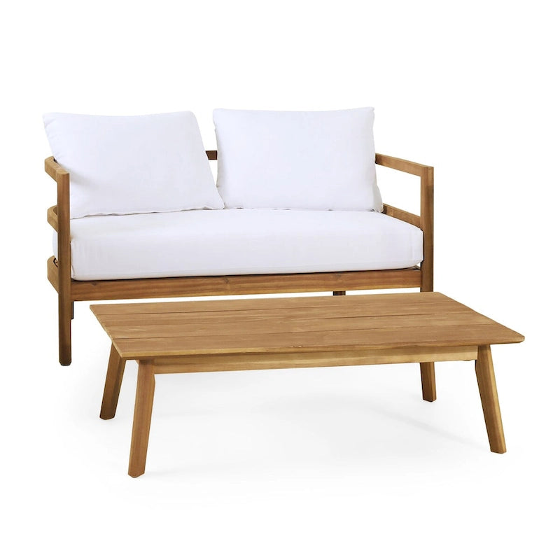 Set da Esterno Divanetto e Tavolino in Legno di Acacia con Cuscini, Teak e Bianco