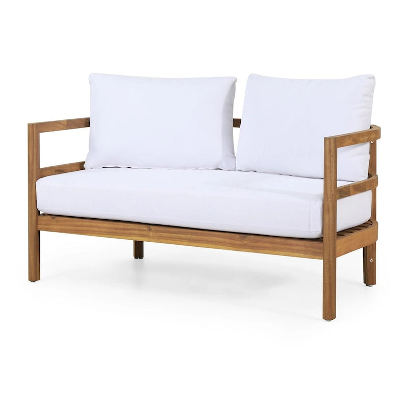 Set da Esterno Divanetto e Tavolino in Legno di Acacia con Cuscini, Teak e Bianco