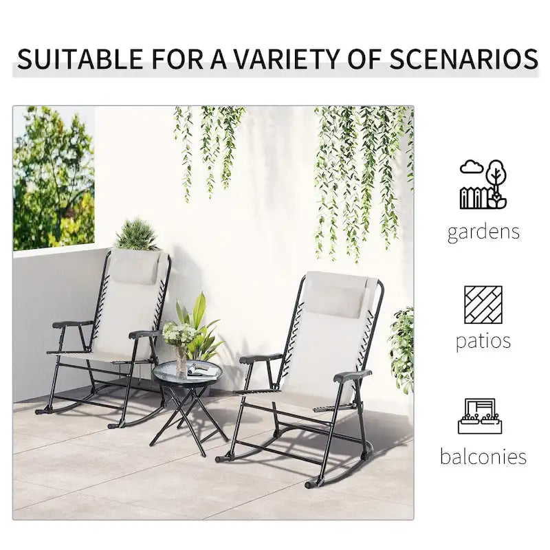 Ensemble de 3 chaises d'extérieur avec fauteuil à bascule pliant et table basse en verre