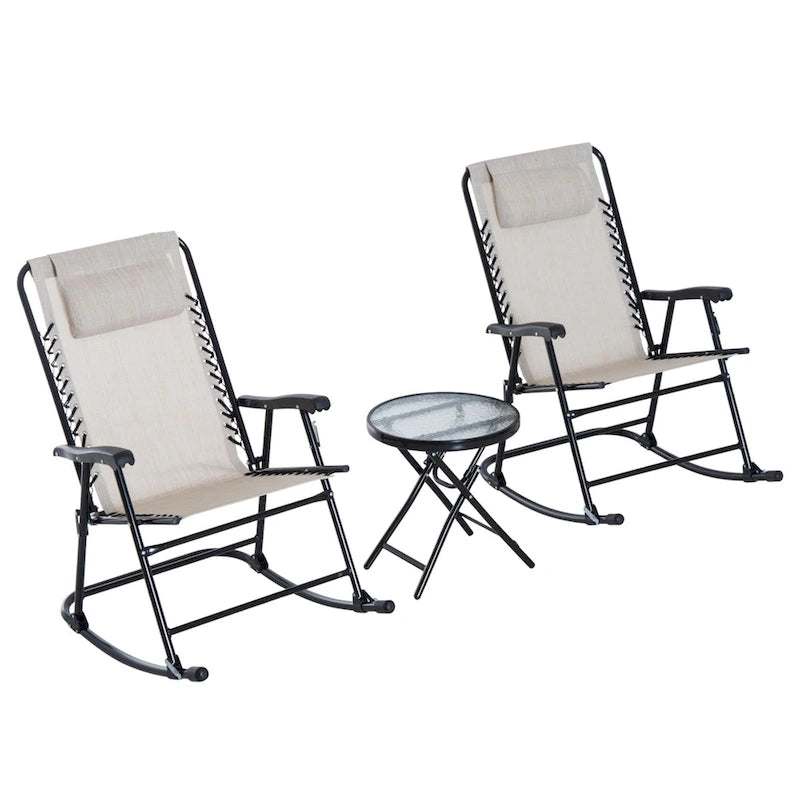 Ensemble de 3 chaises d'extérieur avec fauteuil à bascule pliant et table basse en verre