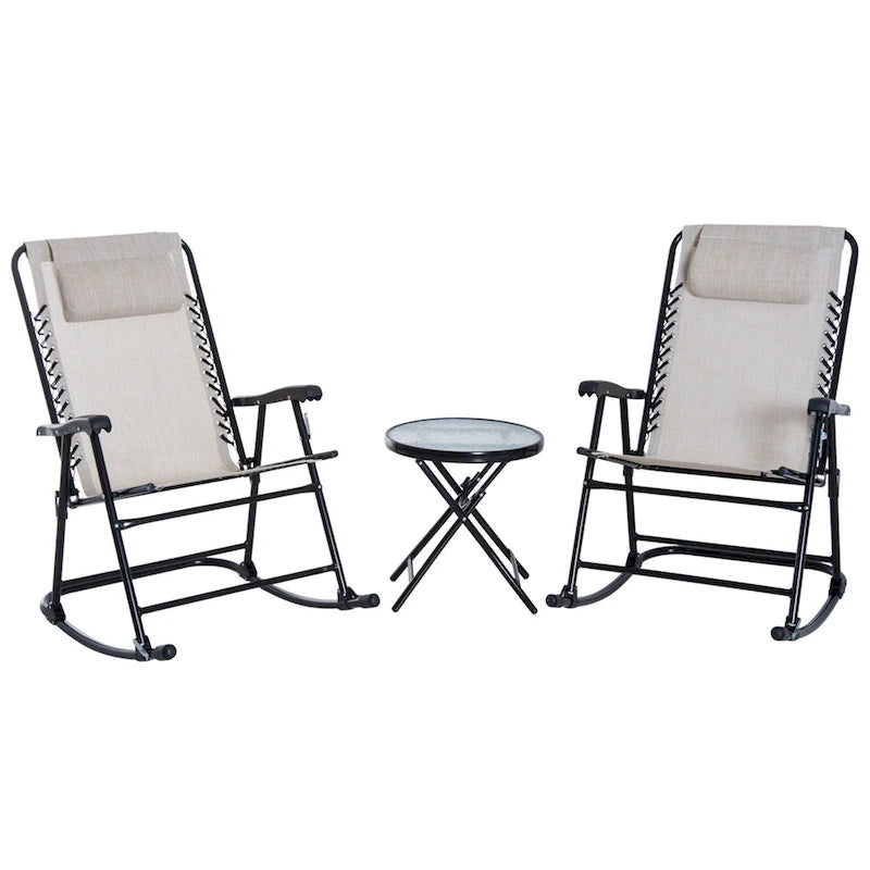 Ensemble de 3 chaises d'extérieur avec fauteuil à bascule pliant et table basse en verre