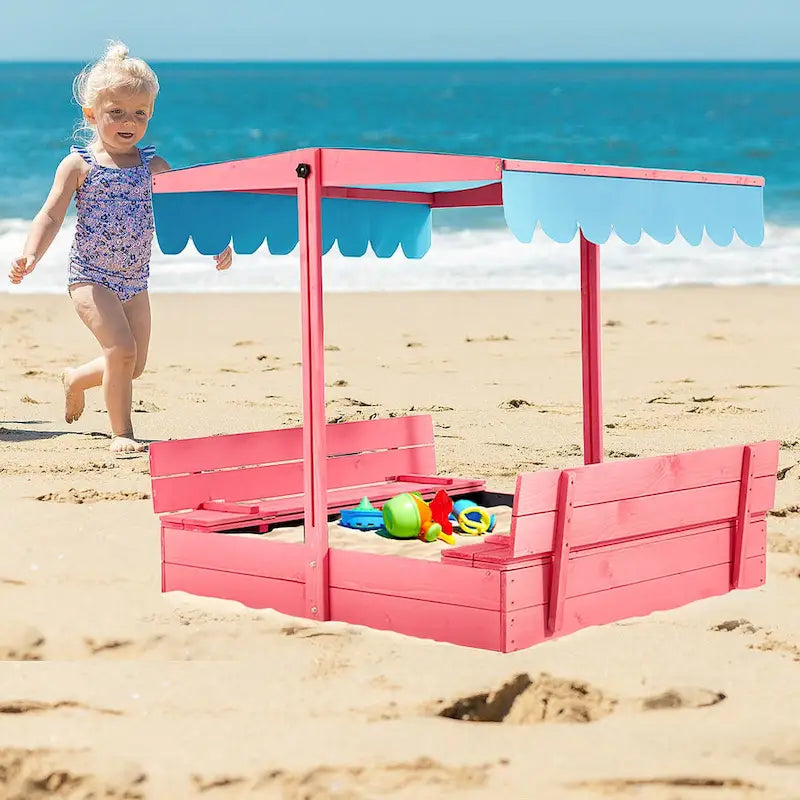 EROMMY Sabbiera per Bambini in Legno con Panchine Pieghevoli e Tettoia Regolabile, Rosa