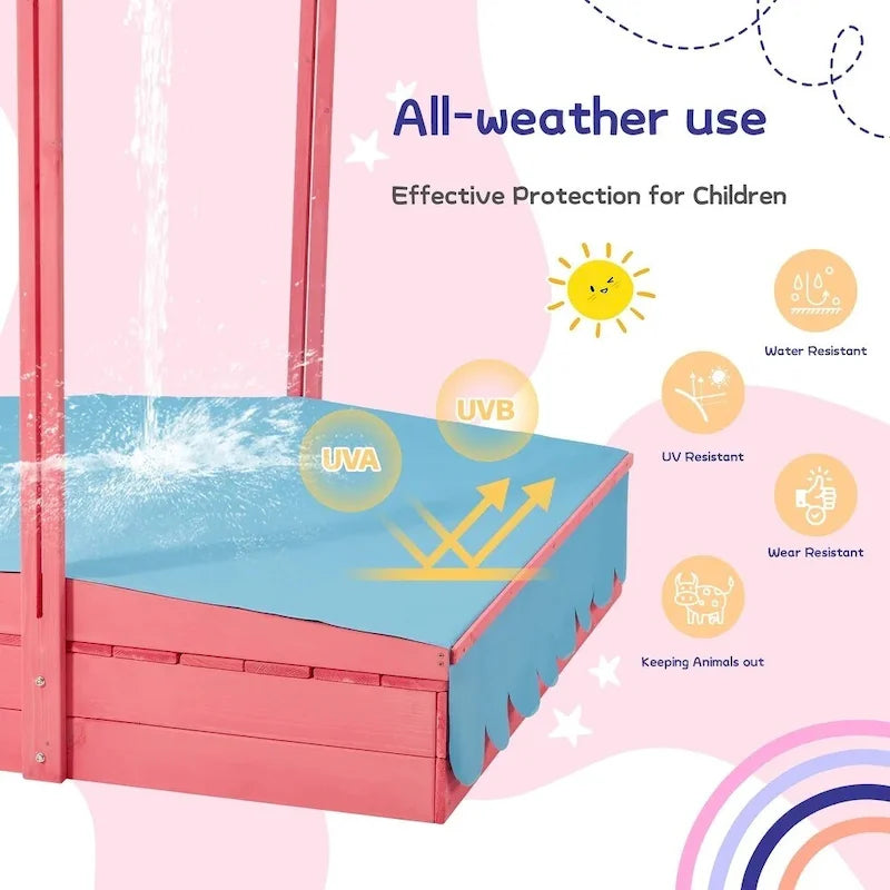 EROMMY Sabbiera per Bambini in Legno con Panchine Pieghevoli e Tettoia Regolabile, Rosa