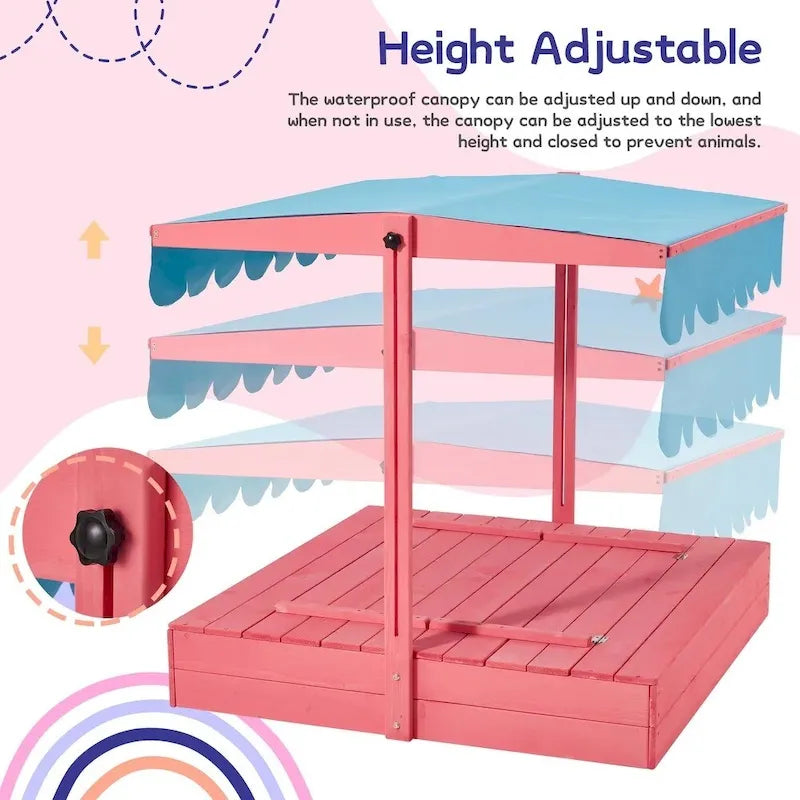 EROMMY Sabbiera per Bambini in Legno con Panchine Pieghevoli e Tettoia Regolabile, Rosa