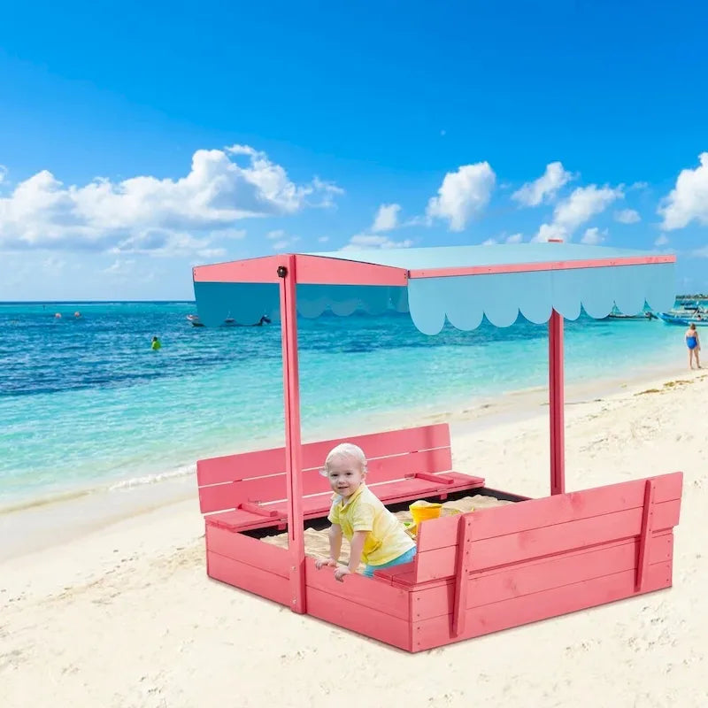 EROMMY Sabbiera per Bambini in Legno con Panchine Pieghevoli e Tettoia Regolabile, Rosa