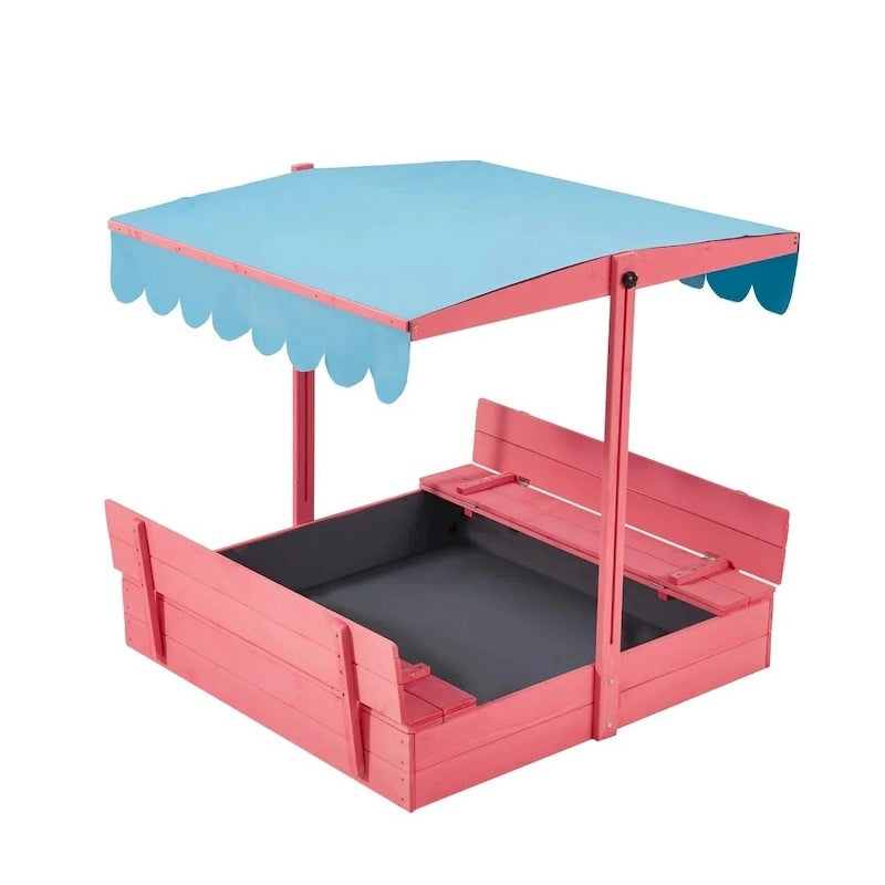 EROMMY Sabbiera per Bambini in Legno con Panchine Pieghevoli e Tettoia Regolabile, Rosa