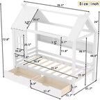 Letto a capanna con cassetti contenitori e finestra, struttura in legno massello con mensole, design giocoso infantile, bianco chiaro
