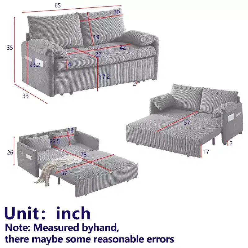 Divano letto convertibile 3-in-1 in velluto a coste da 64,5 pollici con letto estraibile