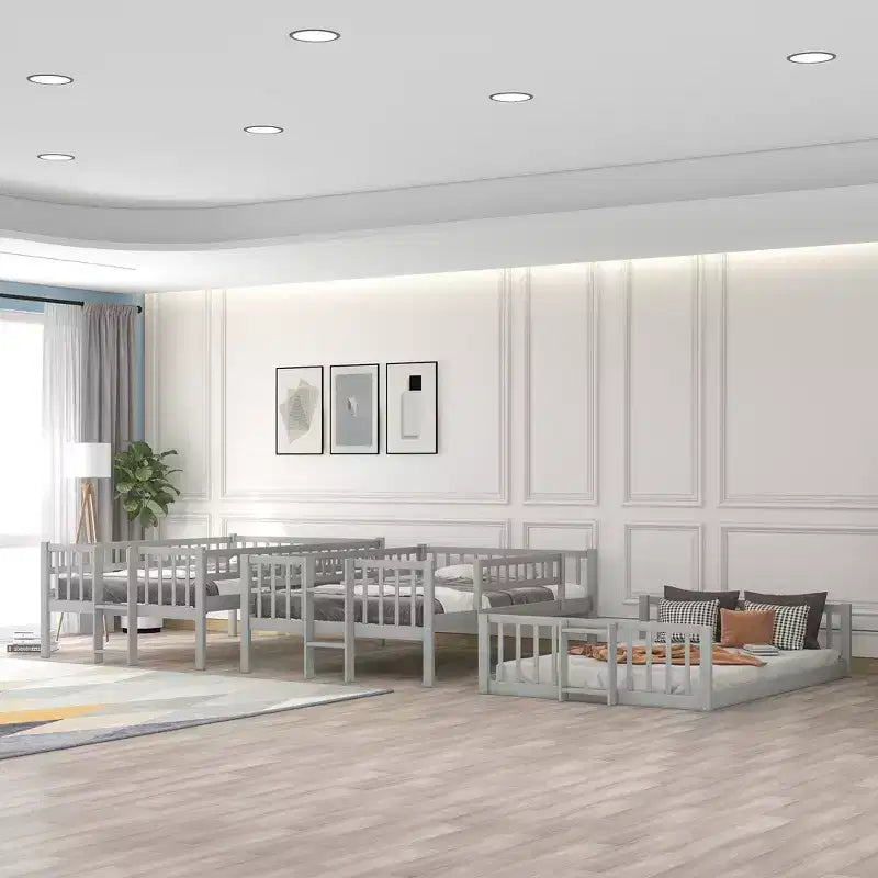 Letto a castello triplo Full Over Full con scaletta convertibile e scivolo, letto triplo con ringhiere di protezione, bianco/grigio/espresso - ModernLuxe
