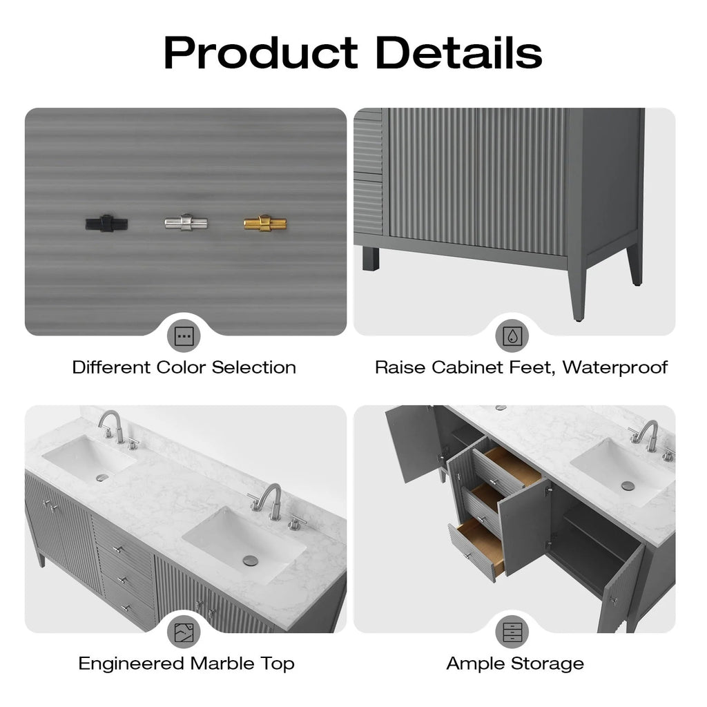 Mobile lavabo doppio Vanity Art 72 per bagno, con top in marmo tecnico