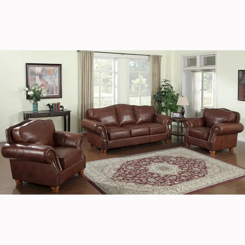 Set divano e due poltrone Brandon in pelle italiana primo fiore, effetto invecchiato, color whisky