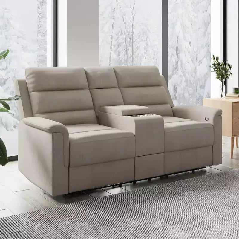Divano a 2 posti reclinabile in tessuto tecnico beige/grigio con schienale e poggiapiedi regolabili
