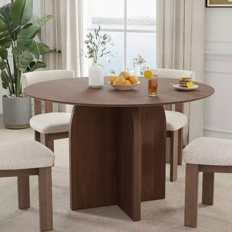 Tavolo da pranzo rotondo in legno massello PexFix 45 x 45 con finitura noce e gambe eleganti ad arco per sale da pranzo e cucine moderne
