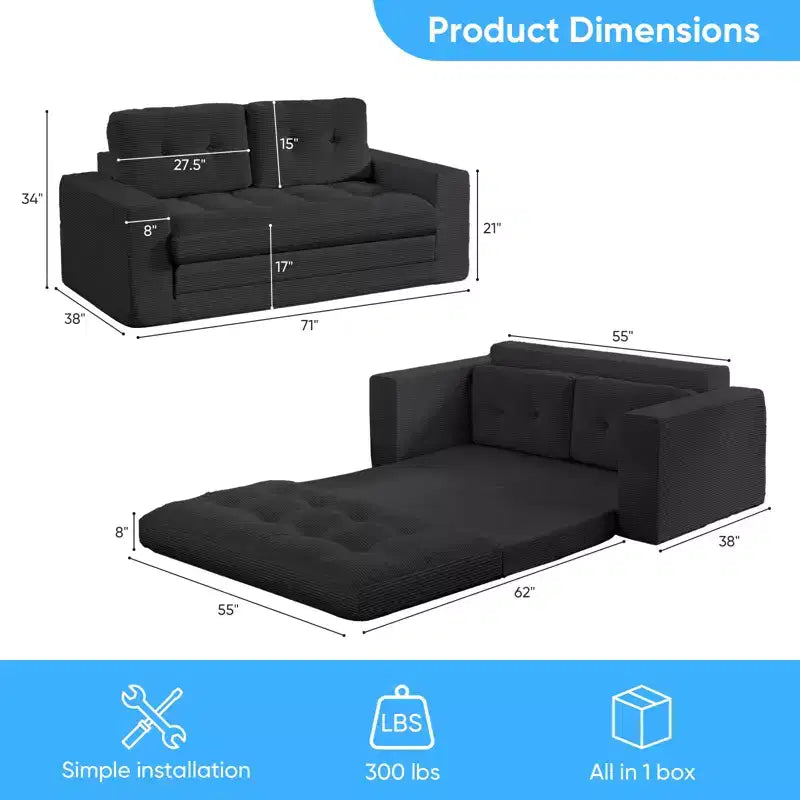 Mjkone Divano Letto Futon Convertibile 2-in-1 da 180 cm, in Tessuto a Coste, Pieghevole con Bottoni Trapuntati, Salvaspazio