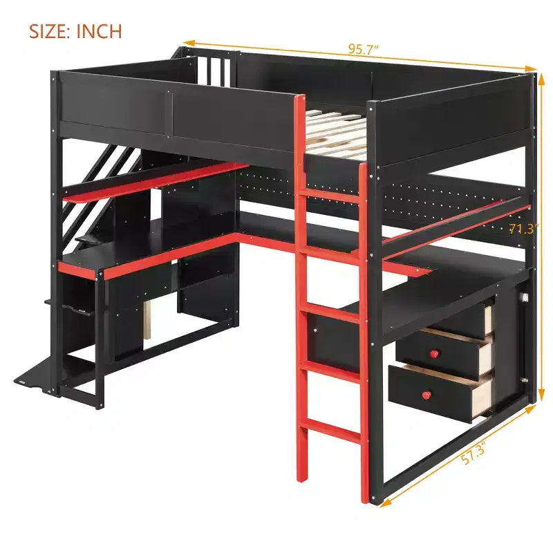 Letto a soppalco da gaming in legno Scott di GDFStudio con scale contenitore, scrivania, mensole e pannello forato