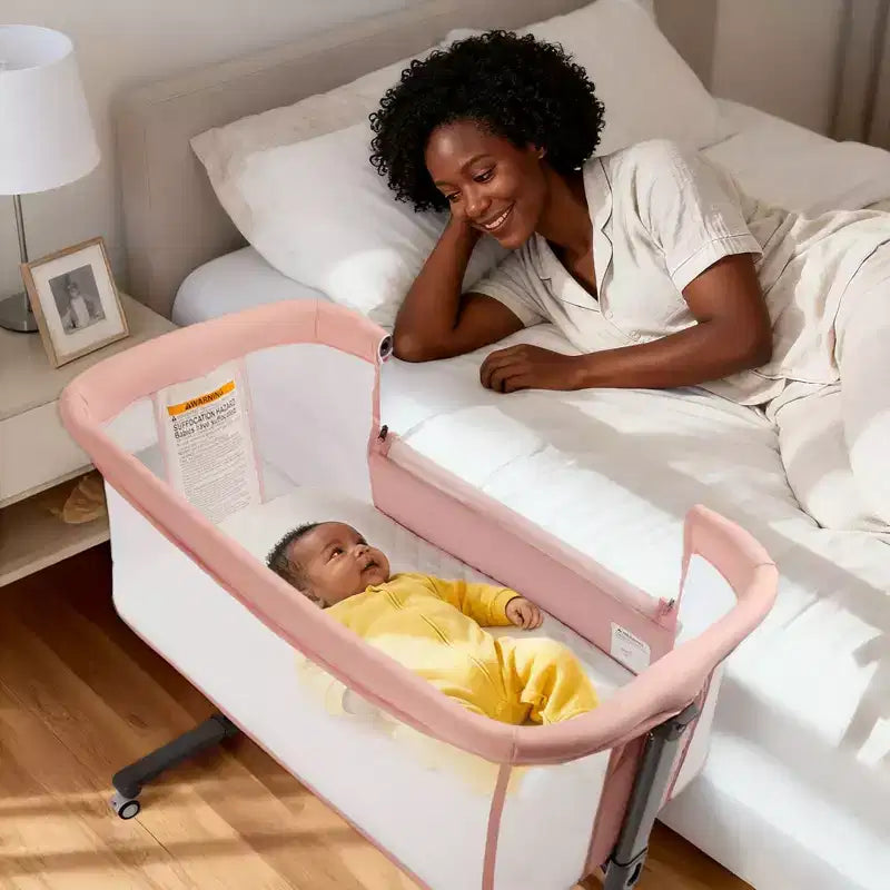 Culla Neonato con Ruote – Beige / Grigio / Rosa, Culla Fianco Letto, per 1 Neonato