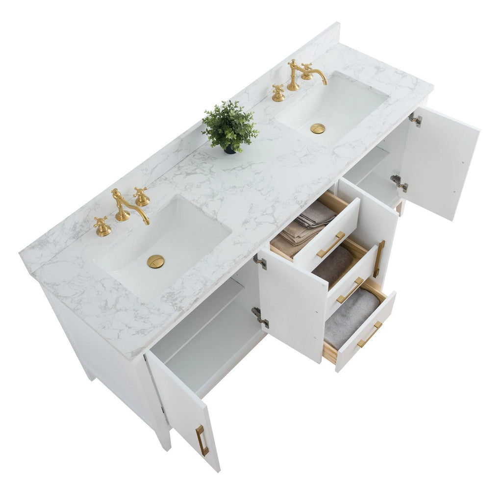 Mobile lavabo doppio Vanity Art 72 per bagno, con top in marmo tecnico