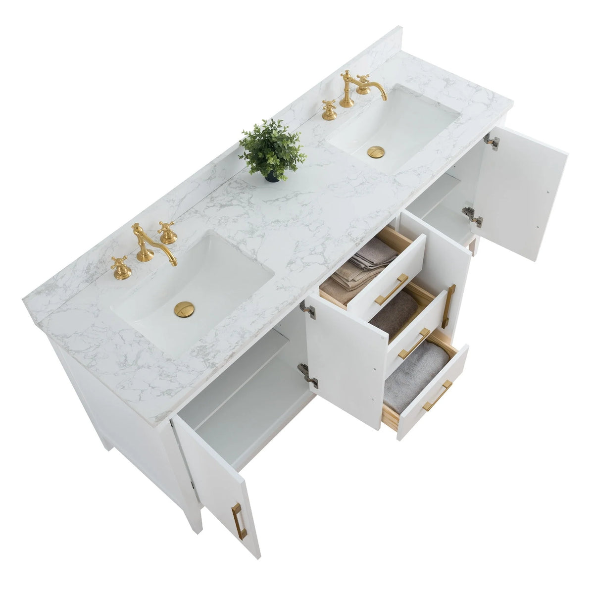 Mobile lavabo doppio Vanity Art 72 per bagno, con top in marmo tecnico
