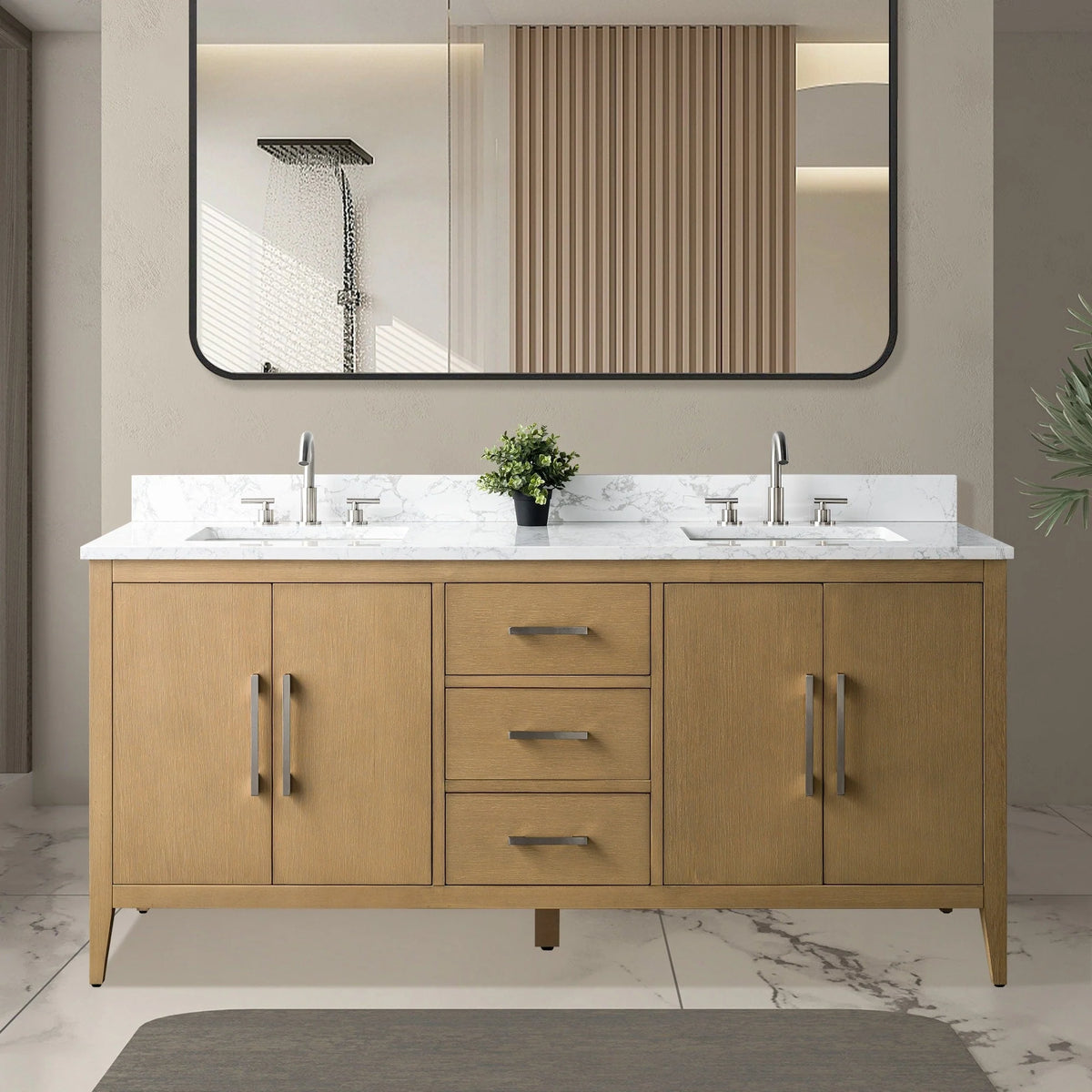 Mobile lavabo doppio Vanity Art 72 per bagno, con top in marmo tecnico