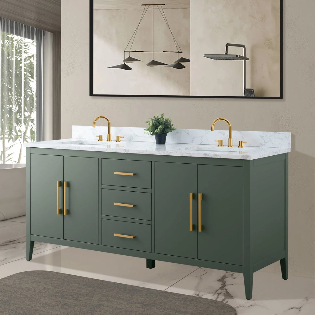 Mobile lavabo doppio Vanity Art 72 per bagno, con top in marmo tecnico