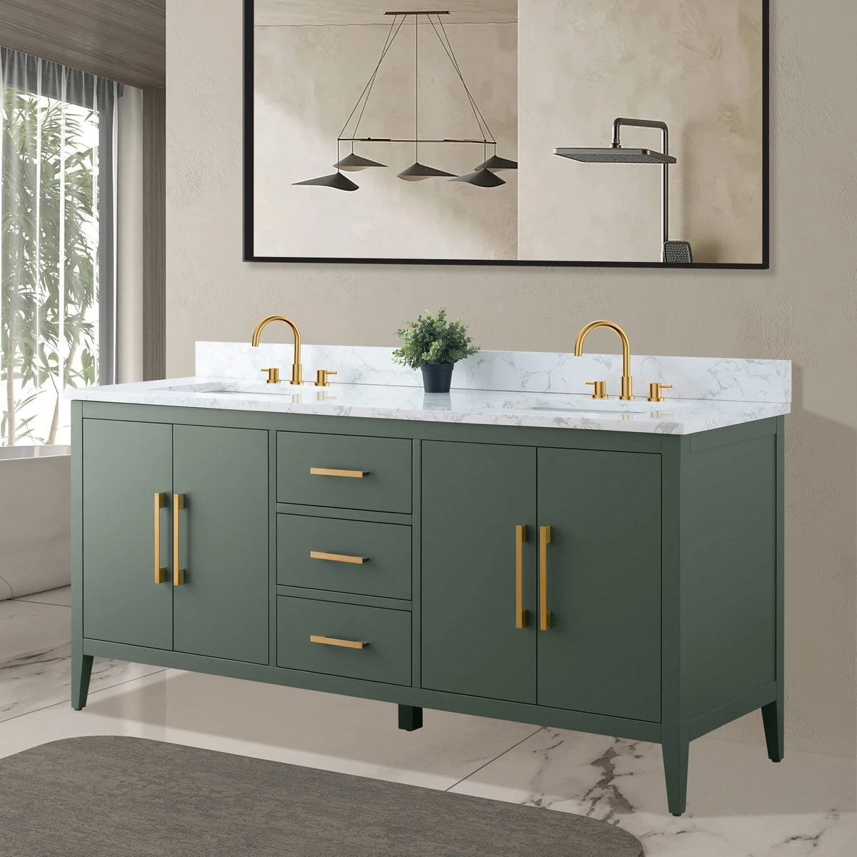 Mobile lavabo doppio Vanity Art 72 per bagno, con top in marmo tecnico