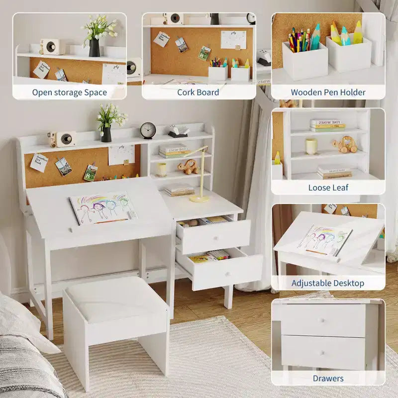 Set Scrivania e Sedia per Bambini, Tavolo da Studio in Legno con Piano Inclinabile Regolabile, Cassetti e Bacheca in Sughero - Set Scrivania per la Scuola dei Bambini