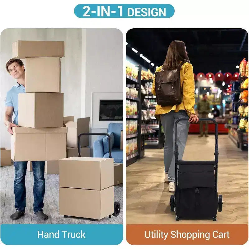 Acekool Carrello a Mano Pieghevole 2-in-1 con Borsa Impermeabile Rimovibile, Cuscino Spesso e Manico Antiscivolo Regolabile, Nero