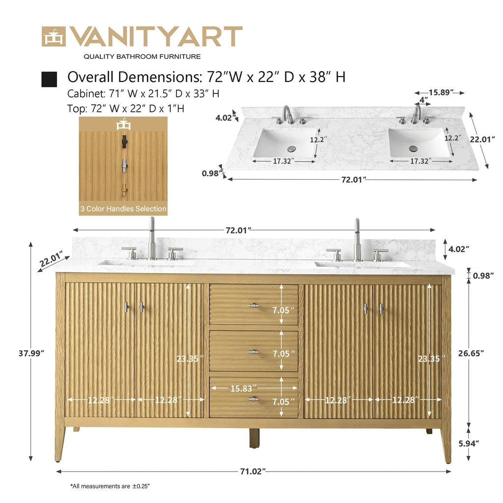Mobile lavabo doppio Vanity Art 72 per bagno, con top in marmo tecnico