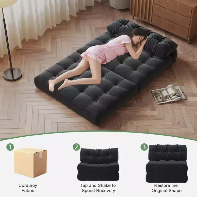 Divano Letto Futon Pieghevole in Velluto a Coste, Sedia Convertibile da Terra con Cuscino e Supporto per la Schiena