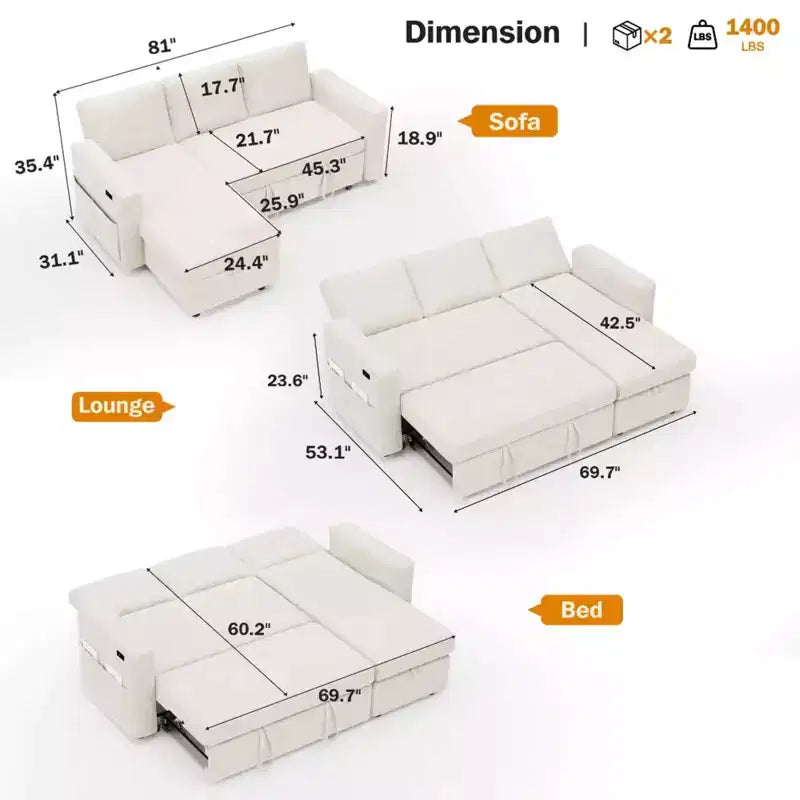 Divano letto estraibile 2 in 1 con chaise longue contenitore, divano sezionale in ciniglia con porte USB per soggiorno
