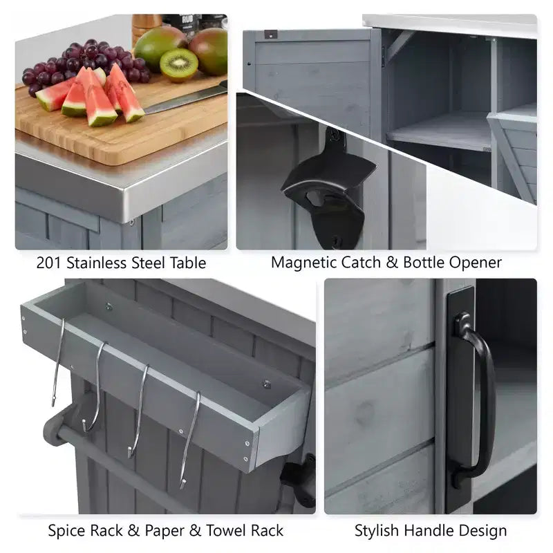 FAMYYT Isola per Cucina da Esterno da 78.3 Pollici con Piano di Lavoro in Acciaio Inossidabile, Stazione Barbecue Pieghevole e Armadietti Contenitore, Grigio Blu