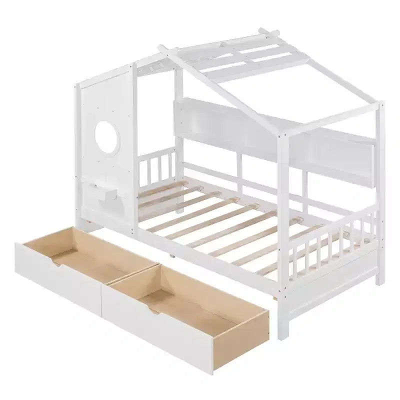 Letto in legno a forma di casa Twin/Full Size con 2 cassetti, letto per bambini con scaffale portaoggetti - ModernLuxe
