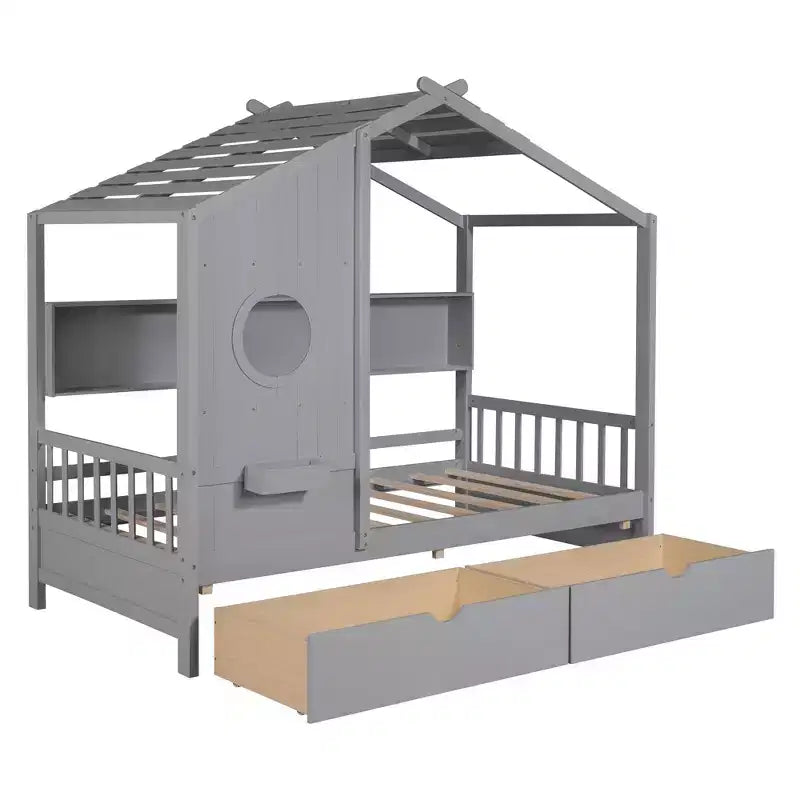 Letto in legno a forma di casa Twin/Full Size con 2 cassetti, letto per bambini con scaffale portaoggetti - ModernLuxe