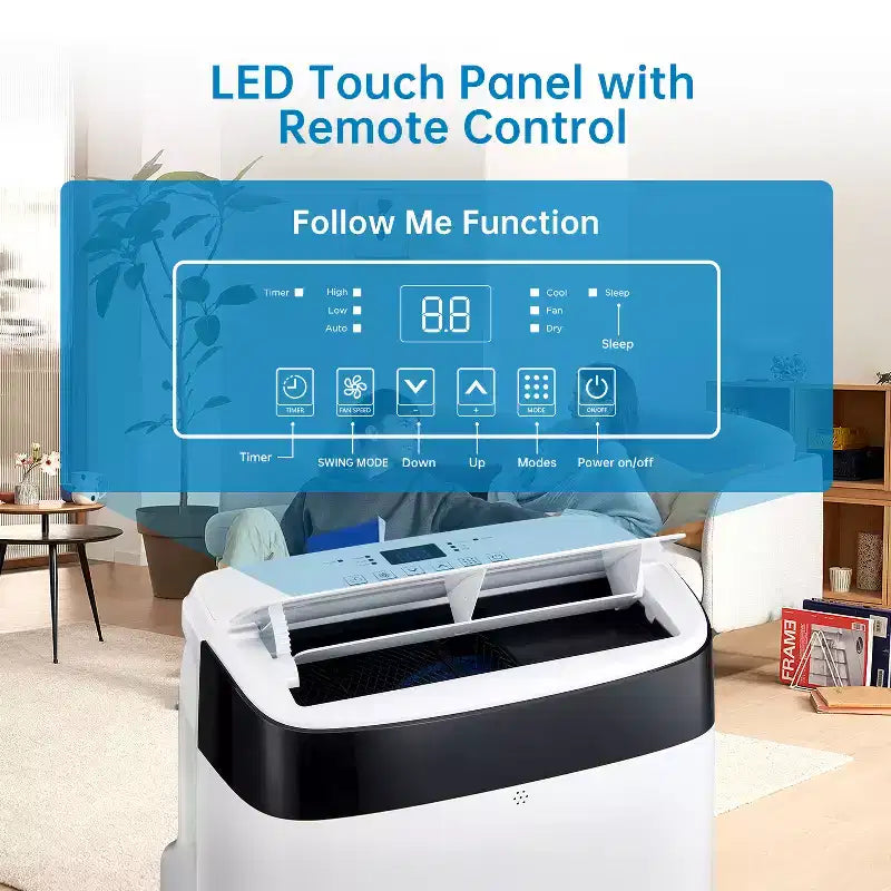 Condizionatore Portatile da 10000 BTU, Climatizzatore Domestico con Telecomando per Stanze fino a 42 m², Funzioni 3-in-1/Timer 24 Ore/Rotelle