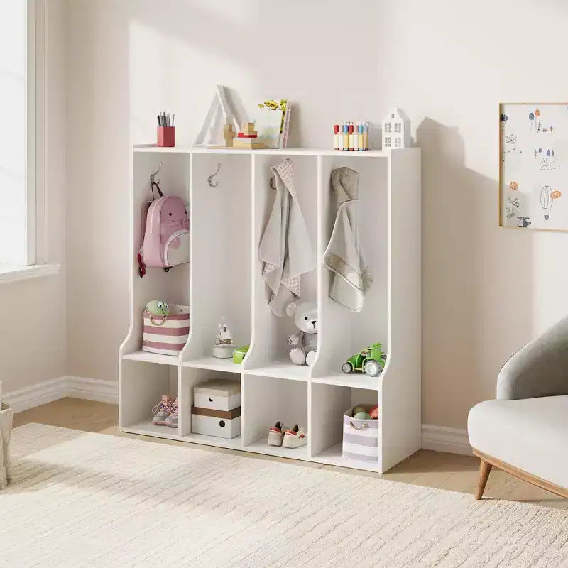 Armadietto a 4 scomparti marrone/bianco con 8 ganci, per bambini