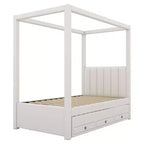 Letto a baldacchino in tessuto di lino full size con letto estraibile e tre cassetti portaoggetti