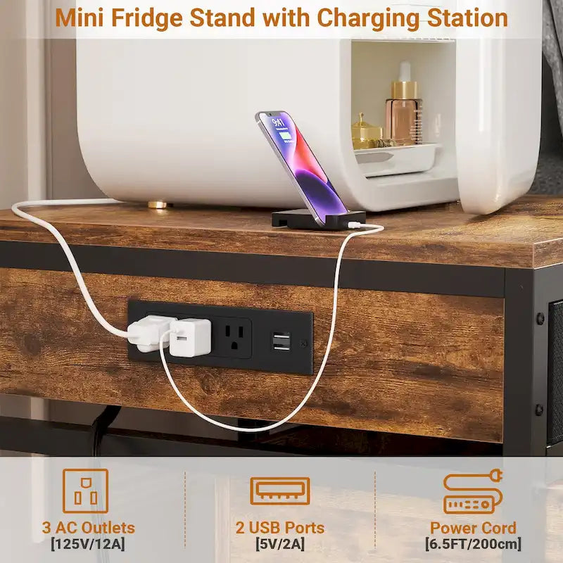 Mini Frigo con Stazione di Ricarica, Tavolino Laterale con Cassetti e Mobiletto su Ruote