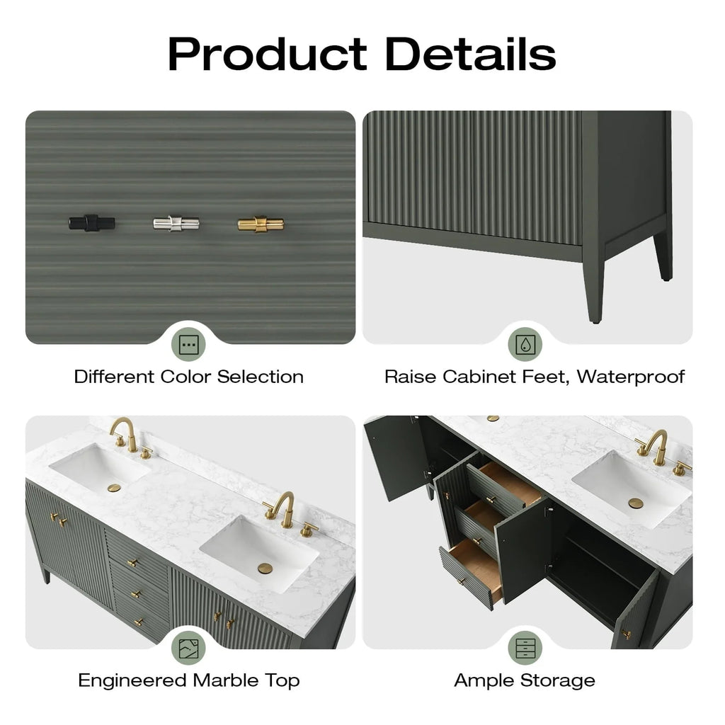 Mobile lavabo doppio Vanity Art 72 per bagno, con top in marmo tecnico