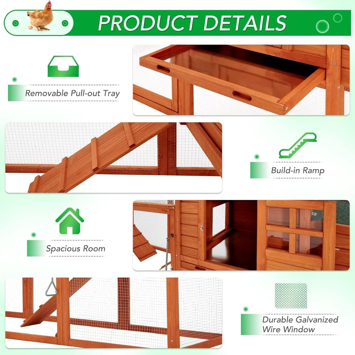 AECOJOY Pollaio grande da 365 cm con recinto, gabbia per pollame in legno