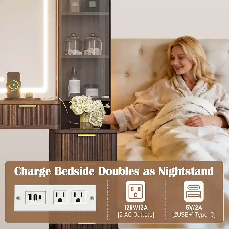 Set vanità moderno JVNOXK da 43,5 pollici con specchio e luce, dotato di cassetti e vetrinetta in vetro trasparente, include sgabello e stazione di ricarica, marrone