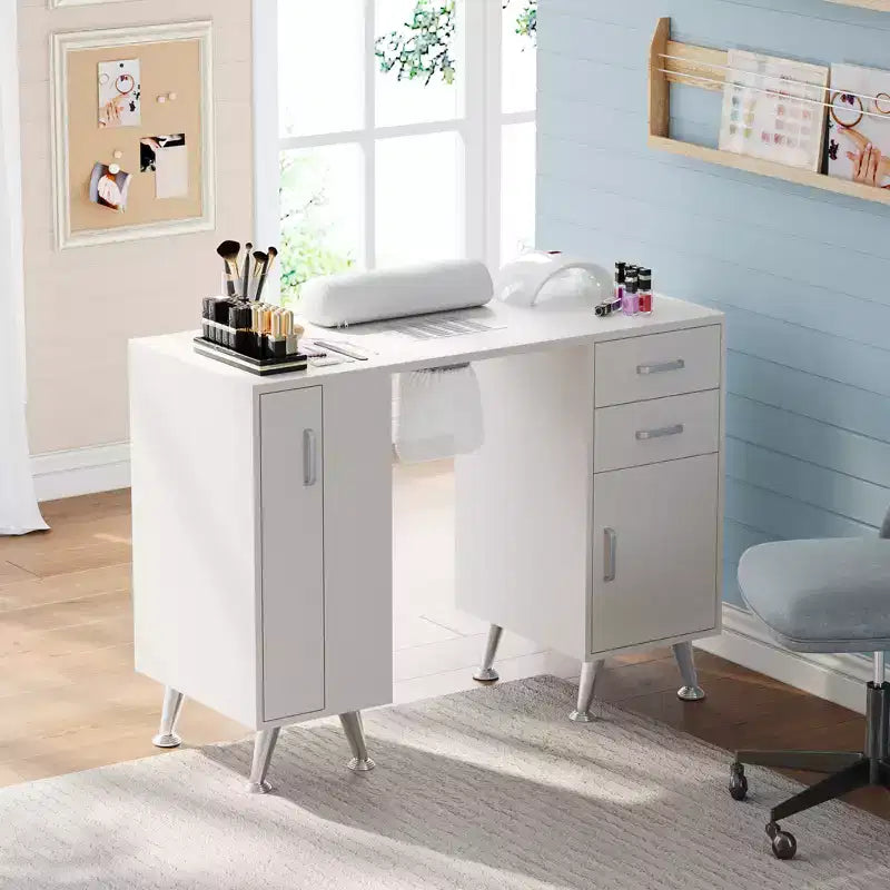 Tavolo per manicure da 42'' per tecnico unghie con raccoglitore di polvere e poggia polso, scrivania per unghie con armadietto verticale estraibile, 1 mobiletto contenitore, 2 cassetti