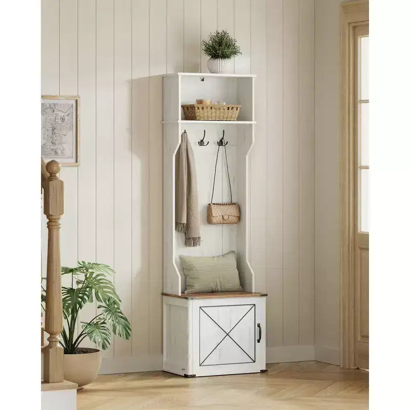 Appendiabiti da Ingresso con Panchina e Scarpiera, Attaccapanni con Panchina Porta Scarpe, Mobile da Ingresso, 3 Ganci Tripli, Anta con Maniglia, Bianco Rustico