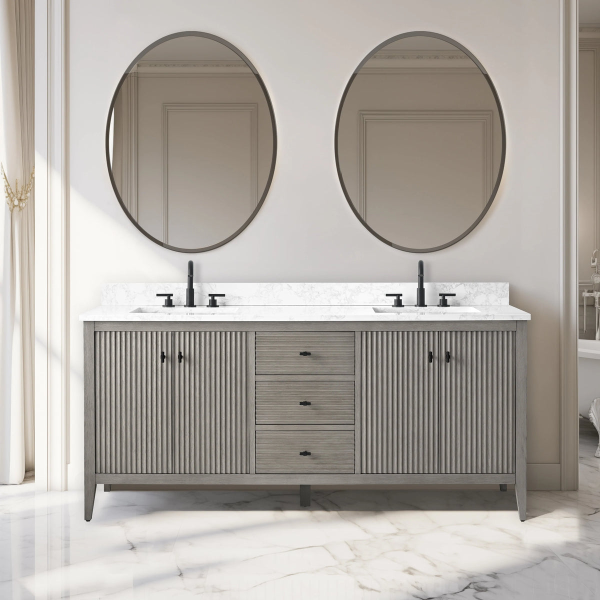Mobile lavabo doppio Vanity Art 72 per bagno, con top in marmo tecnico