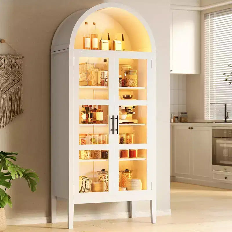 Mobiletto contenitore, Nero/Bianco, Stile ad arco, Singolo, Alto 71 con Luci LED e Ante in Vetro