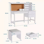 Set Scrivania e Sedia per Bambini, Tavolo da Studio in Legno con Piano Inclinabile Regolabile, Cassetti e Bacheca in Sughero - Set Scrivania per la Scuola dei Bambini