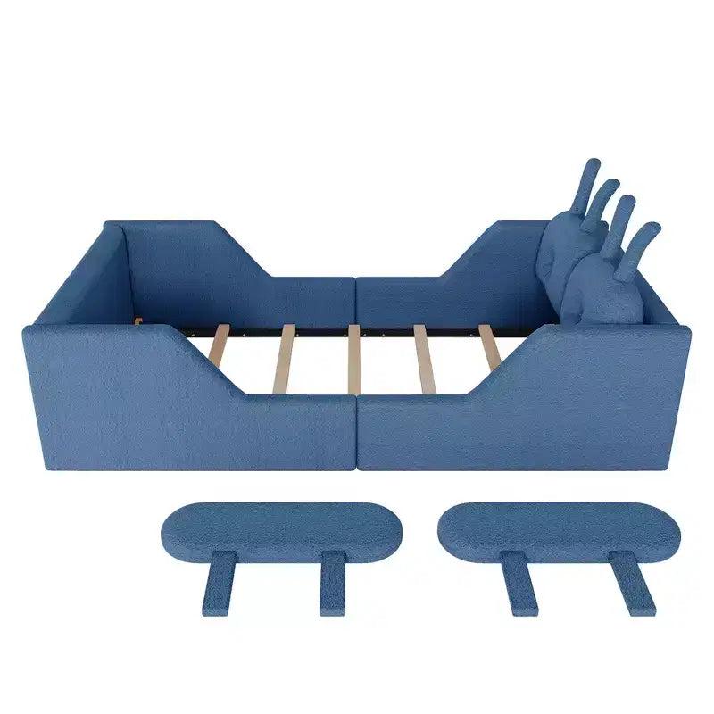 Letto a piattaforma Whisen Twin, struttura letto imbottita per bambini con cuscino a coniglio, sponde laterali rimovibili