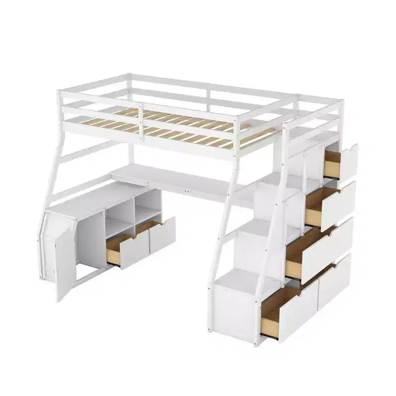 Letto a soppalco singolo con 7 cassetti, 2 mensole, armadietto e scrivania per bambini e ragazzi