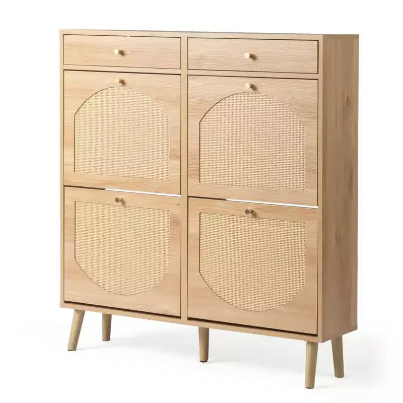 Karl Mobile Scarpiera con Pannello in Rattan, 2 Cassetti e 4 Cassetti a Ribalta, in Truciolato 105 cm L